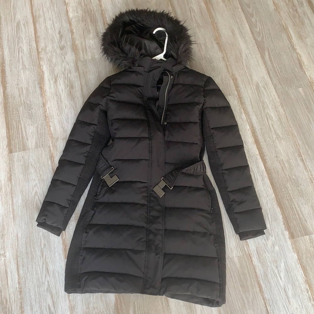 Express long black puff jacket size XS faux fur hoodie